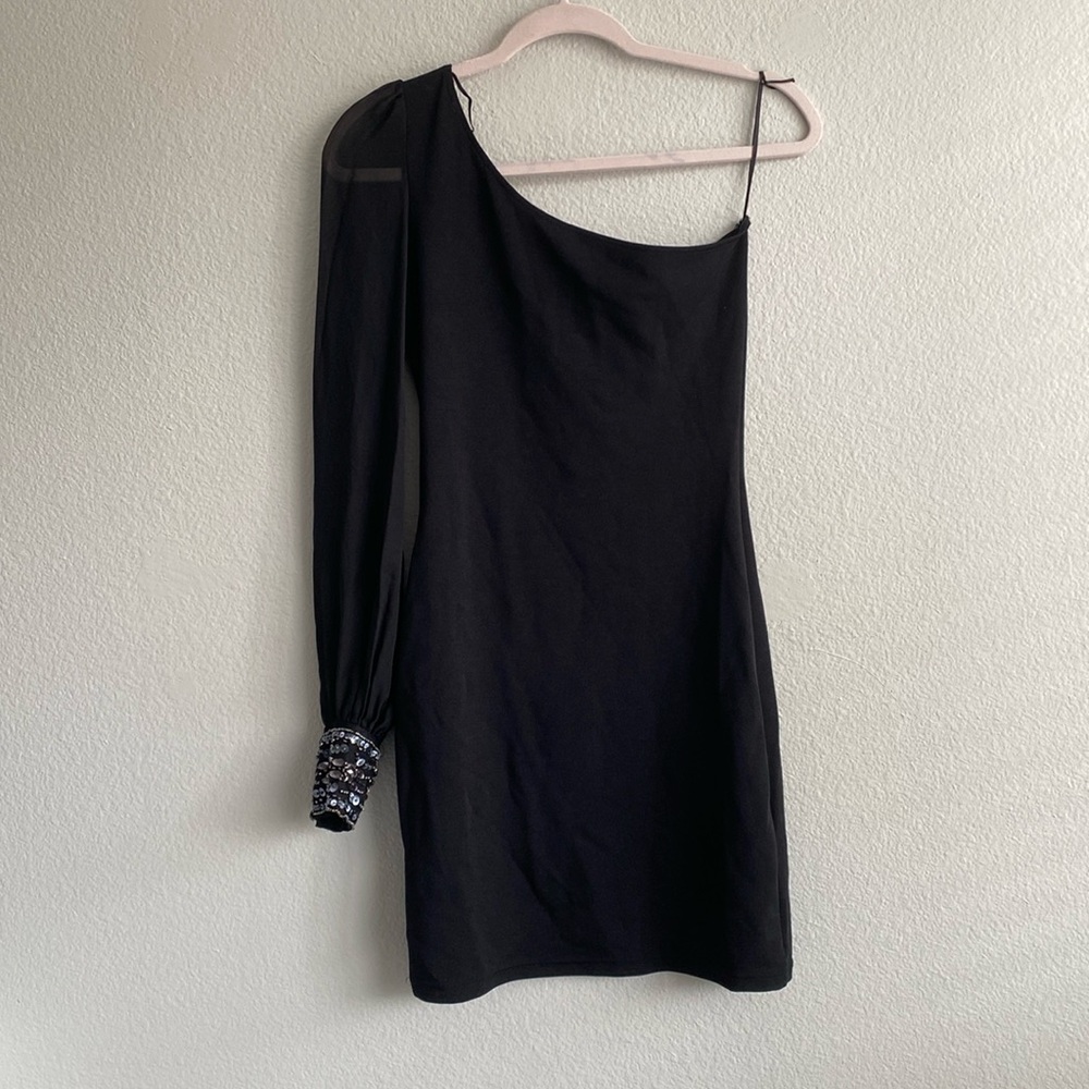 Beautiful Jane Norman one shoulder black mini dress with sheer sleeves